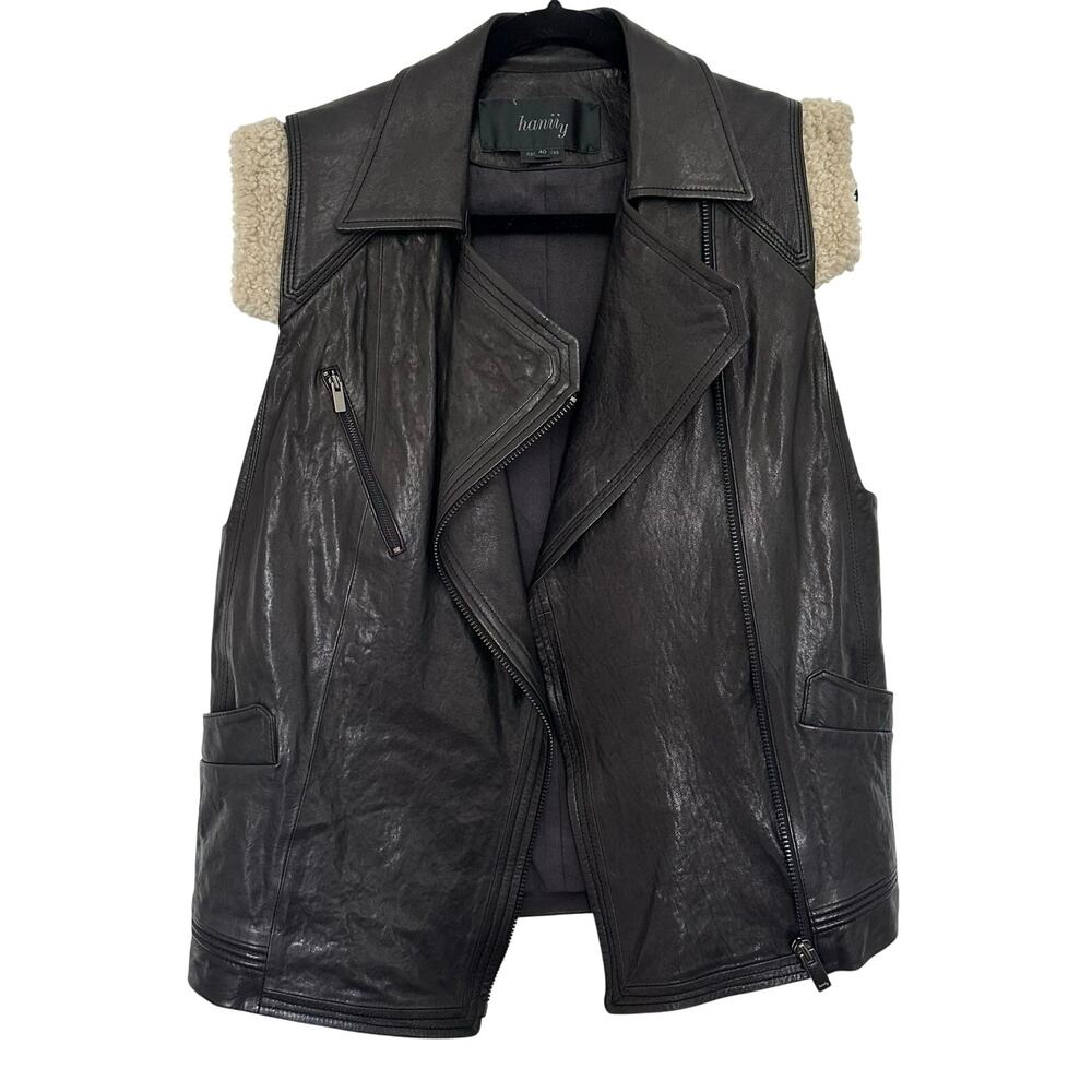 Hanii Y (40 /US S) Black Sheepskin Leather Moto Vest Sherpa Trim Avant Garde